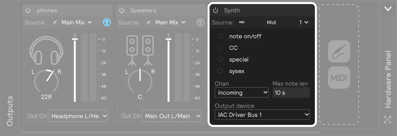 A screenshot showing a MIDI Output in the Hardware Outputs panel