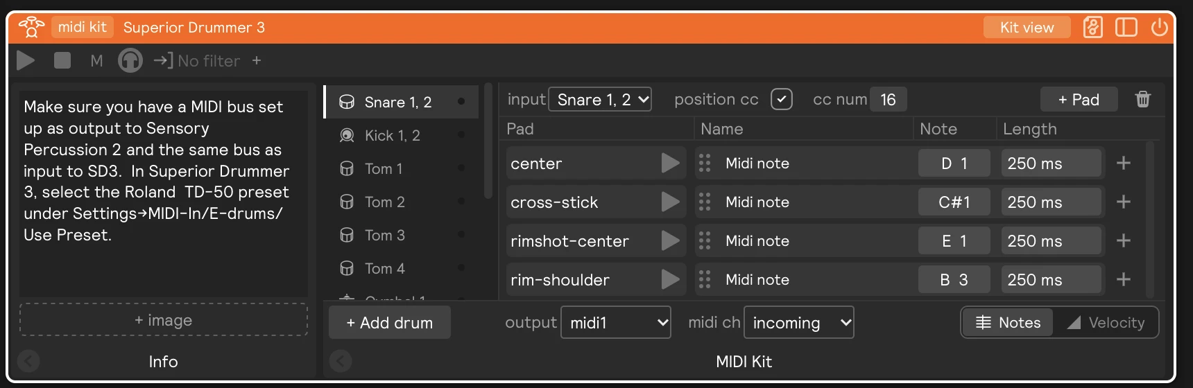 A Superior Drummer 3 MIDI Kit with the snare selected: the drum list on the left and the snare's pad-to-note rows on the right