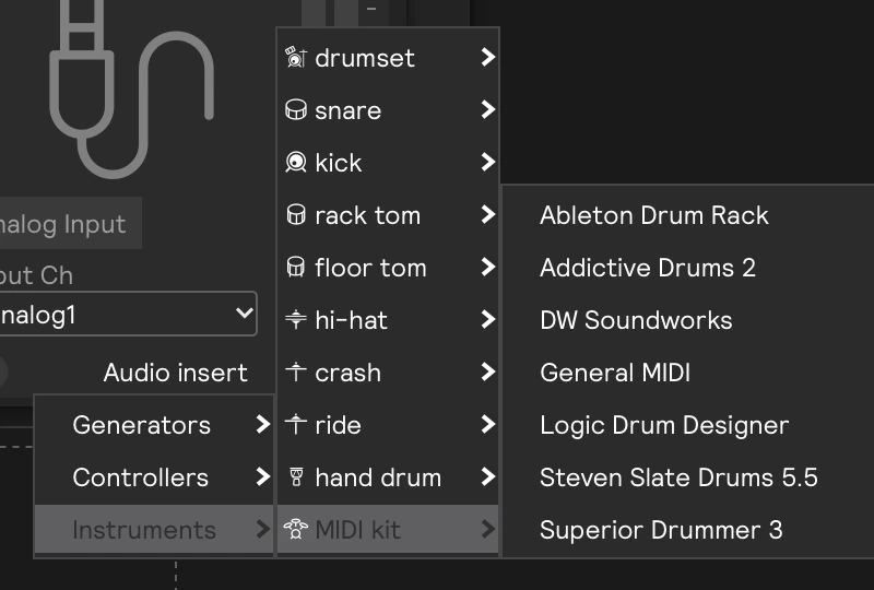 The + Add Module menu open to Instruments → MIDI kit