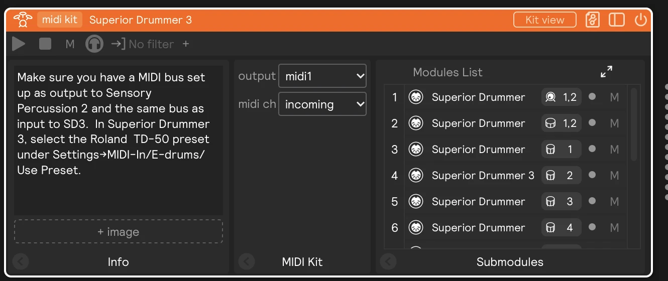 A MIDI Kit with Kit view off: the output controls and a Submodules list of its drums