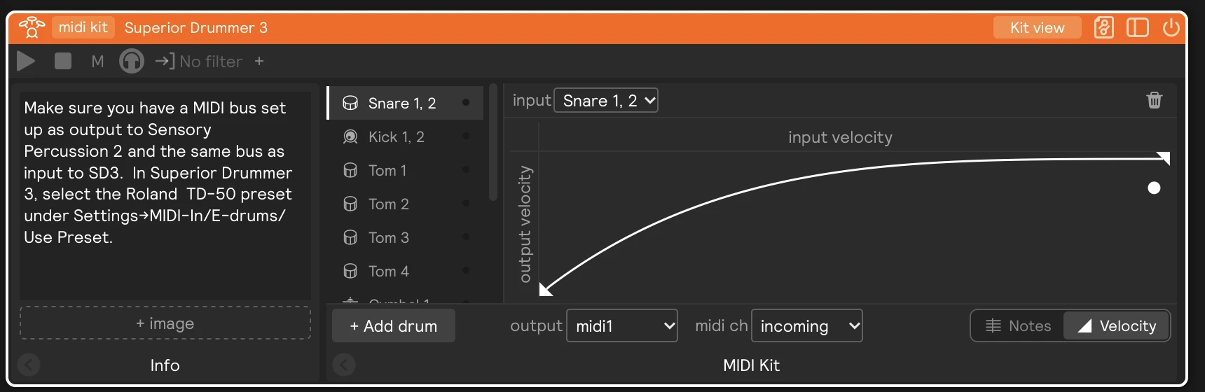 The Velocity view of a MIDI Kit, showing the snare's velocity curve