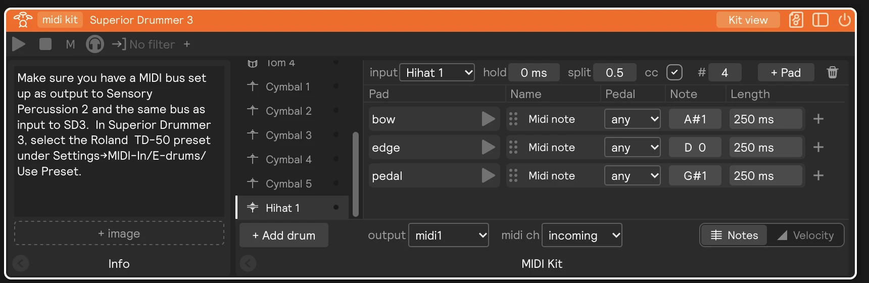 A hi-hat drum showing the hold, split, and pedal cc controls and the per-note Pedal column