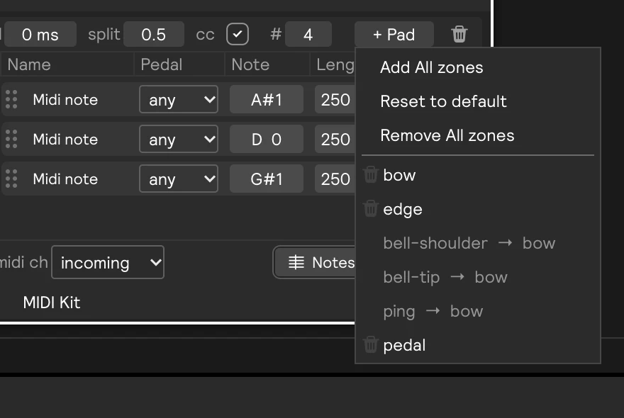 The + Pad menu on a hi-hat drum, showing which mapped zone each unmapped zone plays
