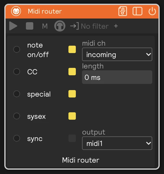 The MIDI Router card: the activity monitor rows (note on/off, CC, special, sysex, sync) on the left, and midi ch, length, and output on the right