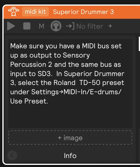 An Info panel on a Superior Drummer 3 MIDI Kit, with setup notes filled in