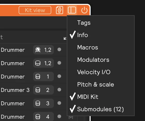 The panel menu of a MIDI Kit with Info ticked