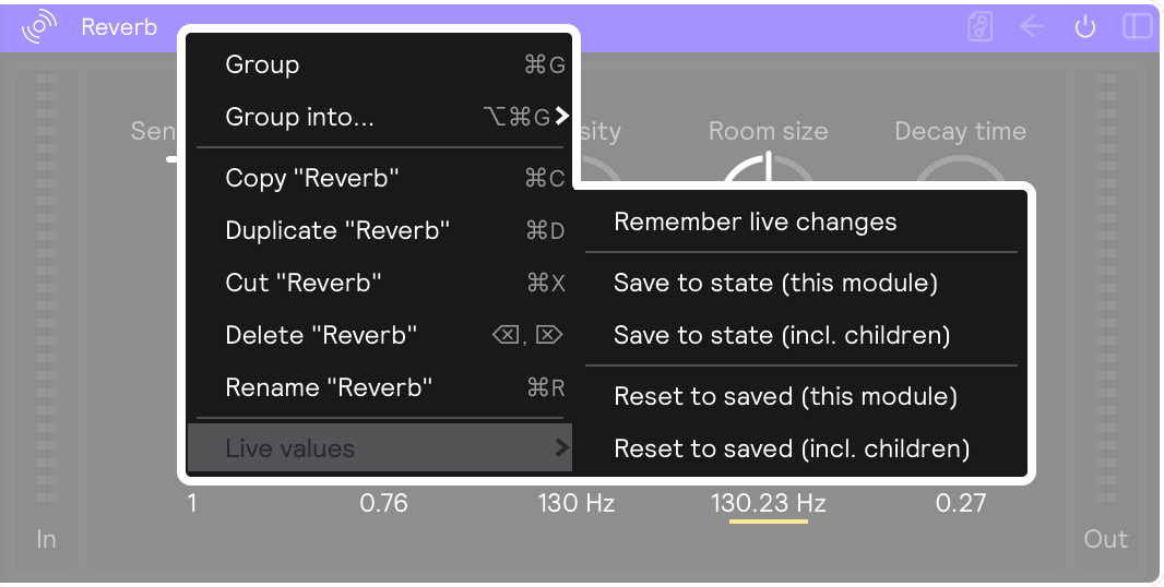 A screenshot of the right-click menu on a Reverb effect with the Live values submenu open