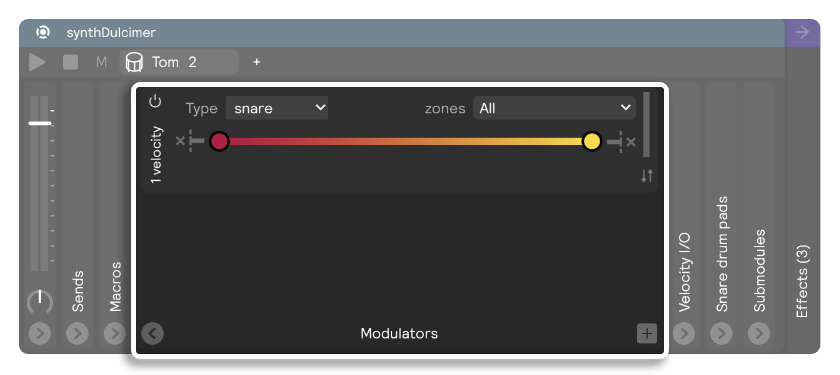 A screenshot of the modulators panel with a velocity modulator shown.