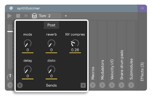 A screenshot of a controller with its sends panel highlighted.