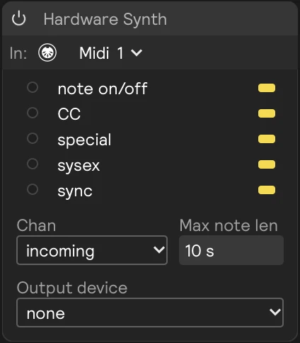 A MIDI output card named Hardware Synth: In set to Midi 1, the five message filter rows switched on, Chan set to incoming, Max note len at 10 s, and no Output device chosen yet
