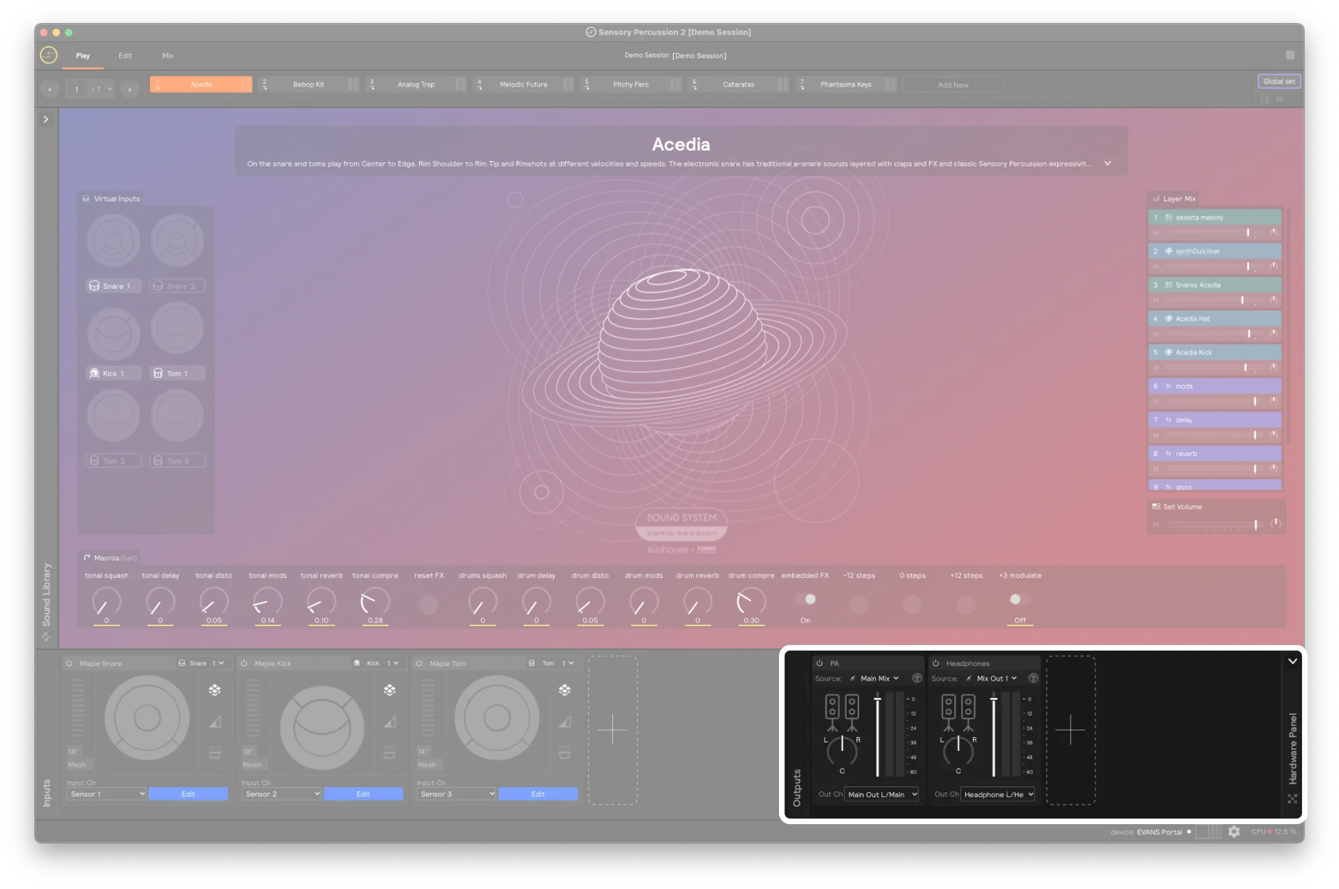 A screenshot showing the hardware outputs panel