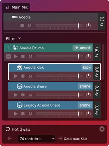 A screenshot of the Main Mix and Hot Swap panel in the Play View