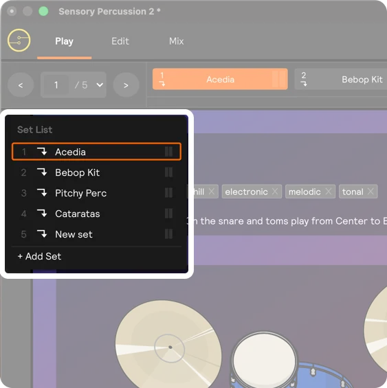 A screenshot of the set manager bar with the dropdown open