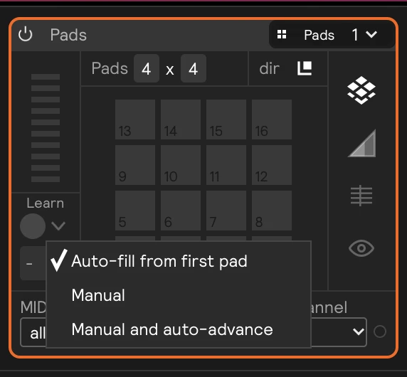 A Pad input card set to 4 x 4, with the Learn menu open: Auto-fill from first pad, Manual, and Manual and auto-advance
