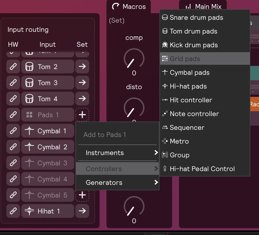 The Input routing list with the dashed + clicked on Pads 1, and its menu open on Controllers → Grid pads