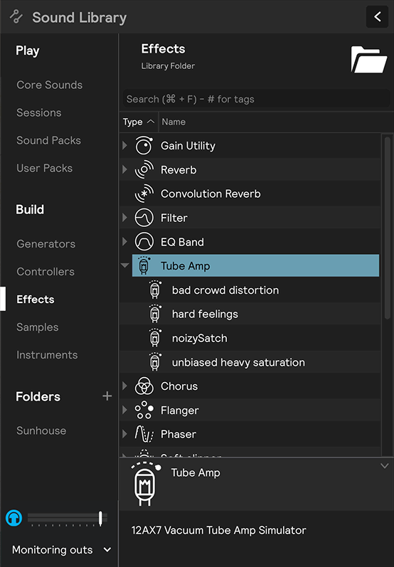 A screenshot of the library's Effects section with the Tube Amp expanded to show its presets