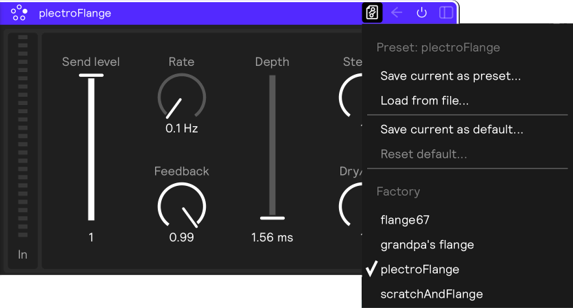 A screenshot of the preset menu open on a Flanger effect, with the applied factory preset ticked