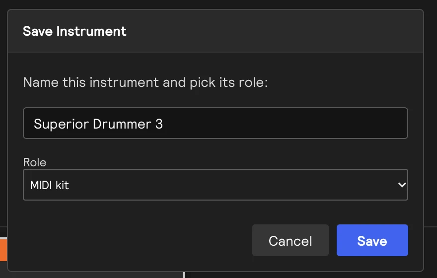 The Save Instrument dialog: a name field and a Role menu set to MIDI kit