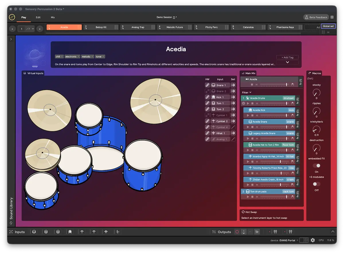 The software open to play view on a set called "Acedia", play page controls are visible and the hardware panel is open