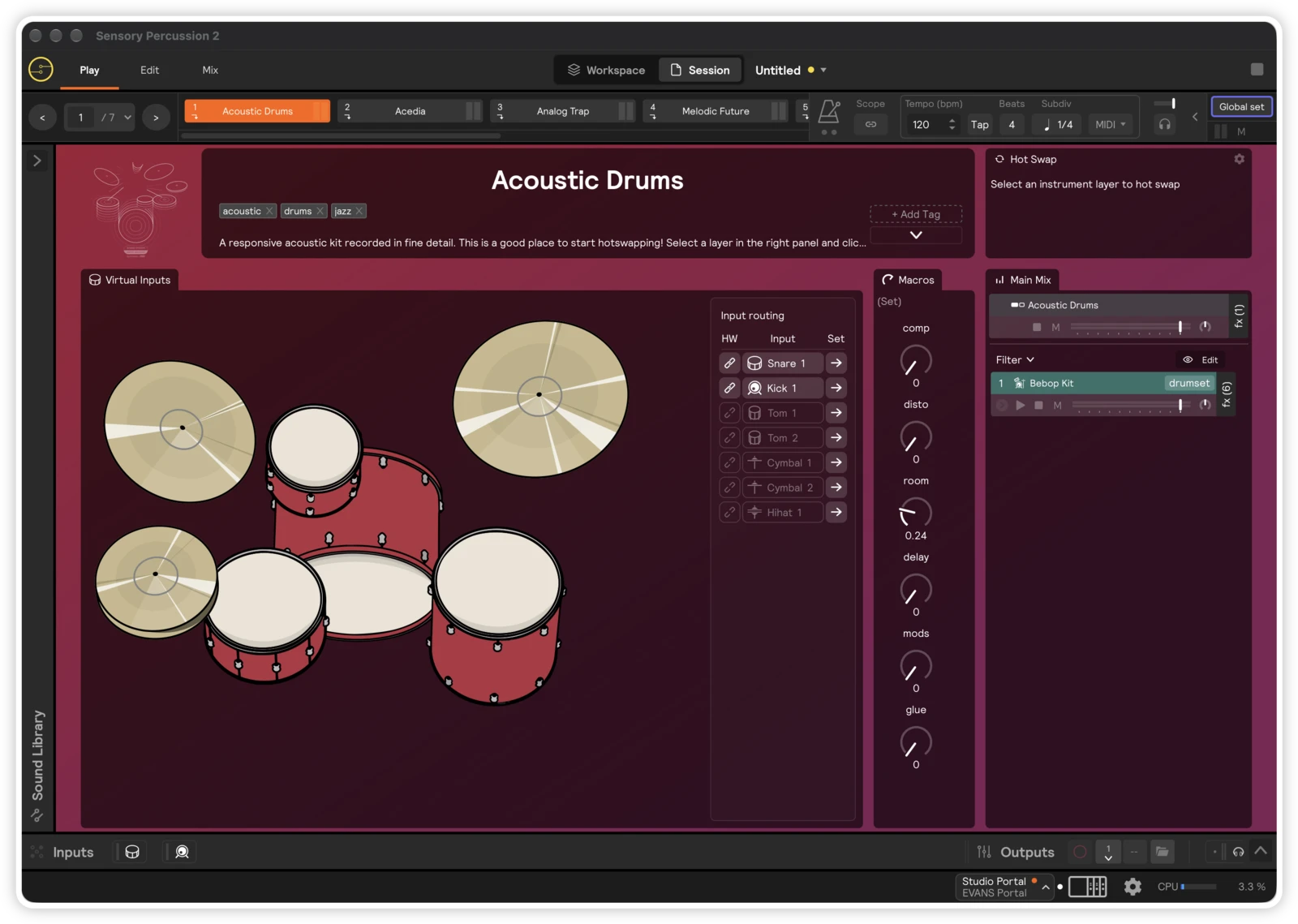The Play view of the Demo Session's Acoustic Drums set, with the kit graphic, Input routing, Macros, and Main Mix
