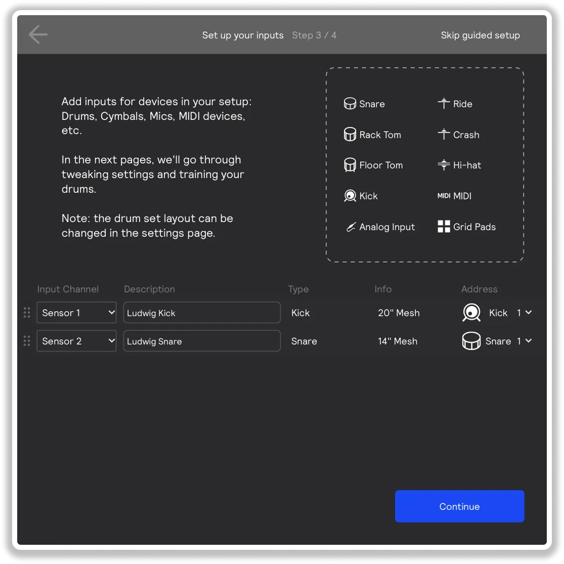 The settings page for adding hardware inputs