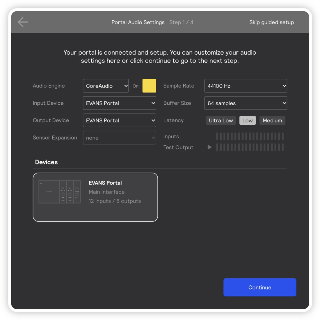 The Portal Audio Settings step of the guided setup: audio engine, input and output device, sample rate, buffer size, latency, and the EVANS Portal in the Devices area