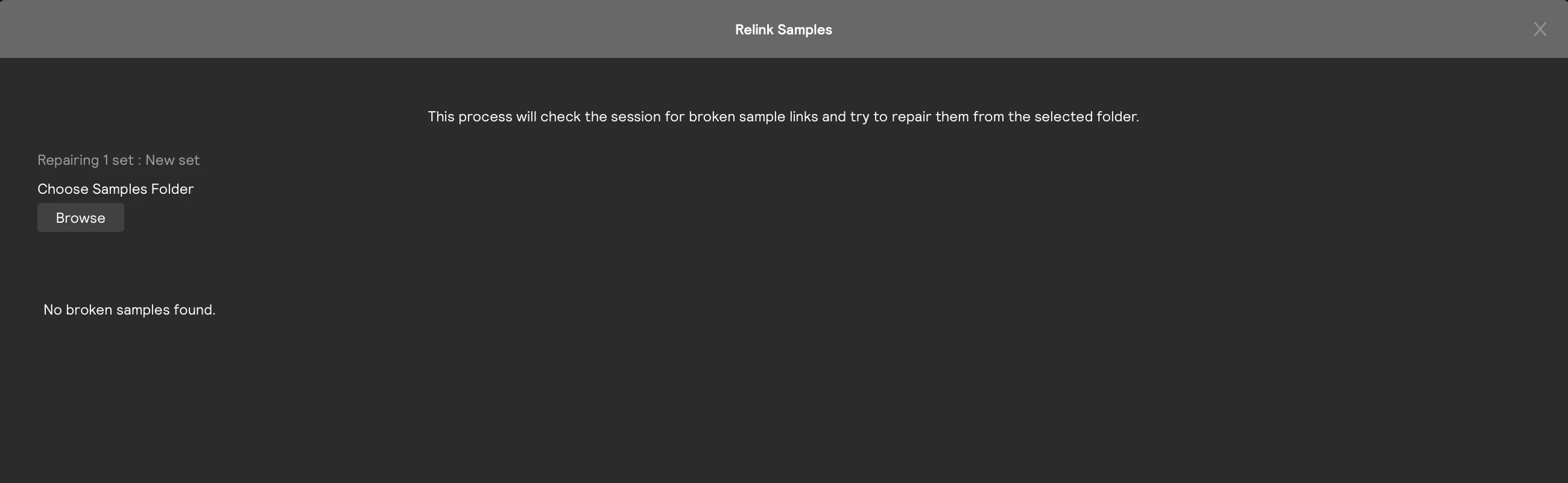 The Relink Samples window when no sample links are broken