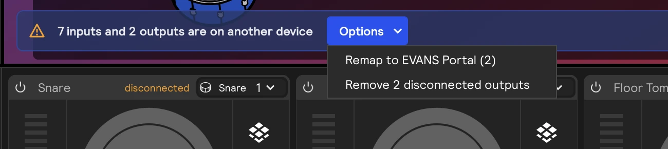 The Options menu with Remap to EVANS Portal (2) and Remove 2 disconnected outputs