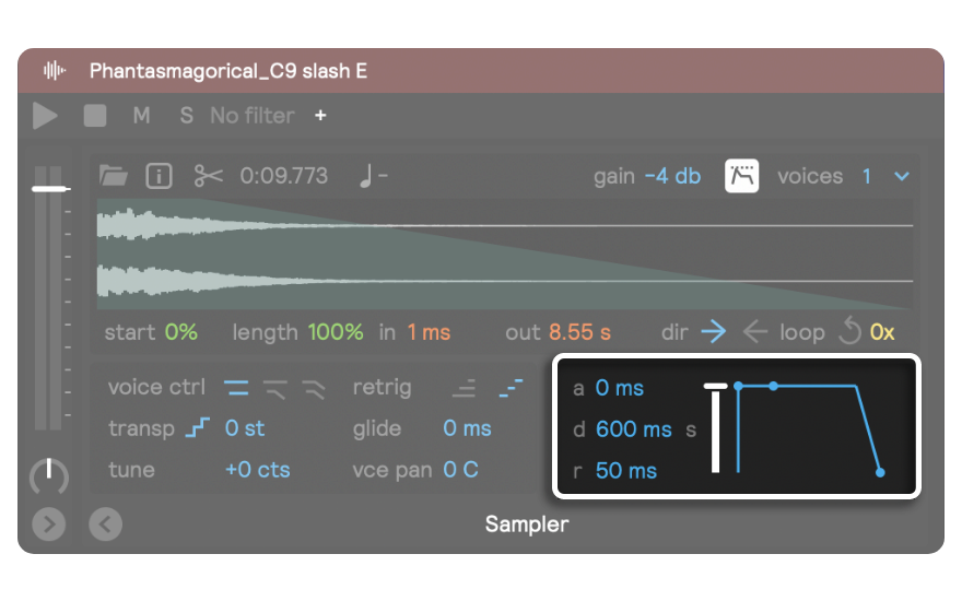 A screenshow showing the ADSR section of the sampler