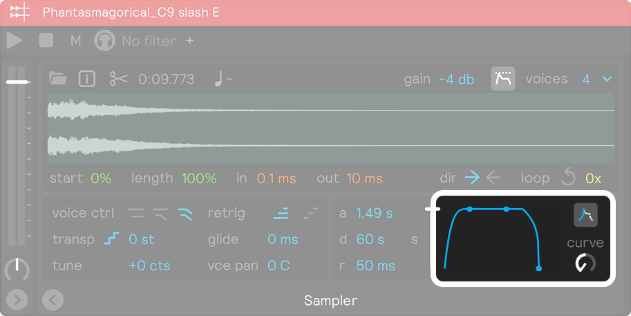 A screenshot showing the envelope curve section of the sampler
