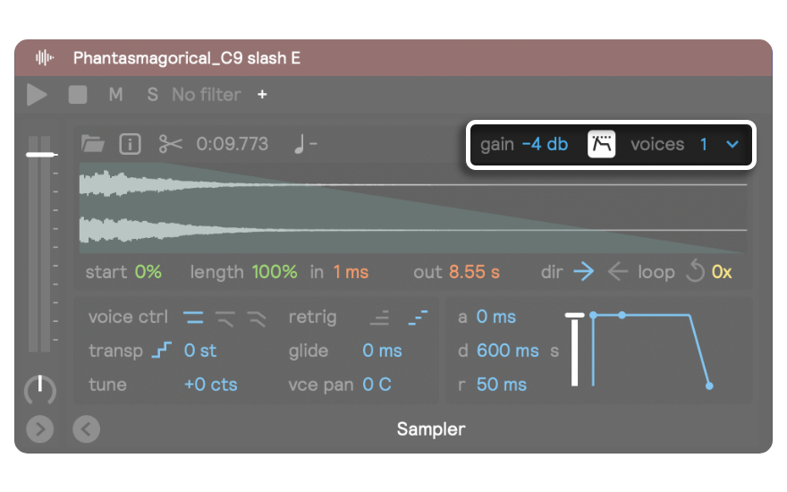 A screenshot showing the gain and voices section of the sampler