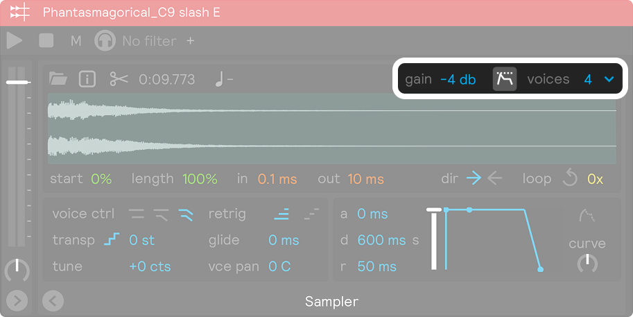 A screenshot showing the gain and voices section of the sampler