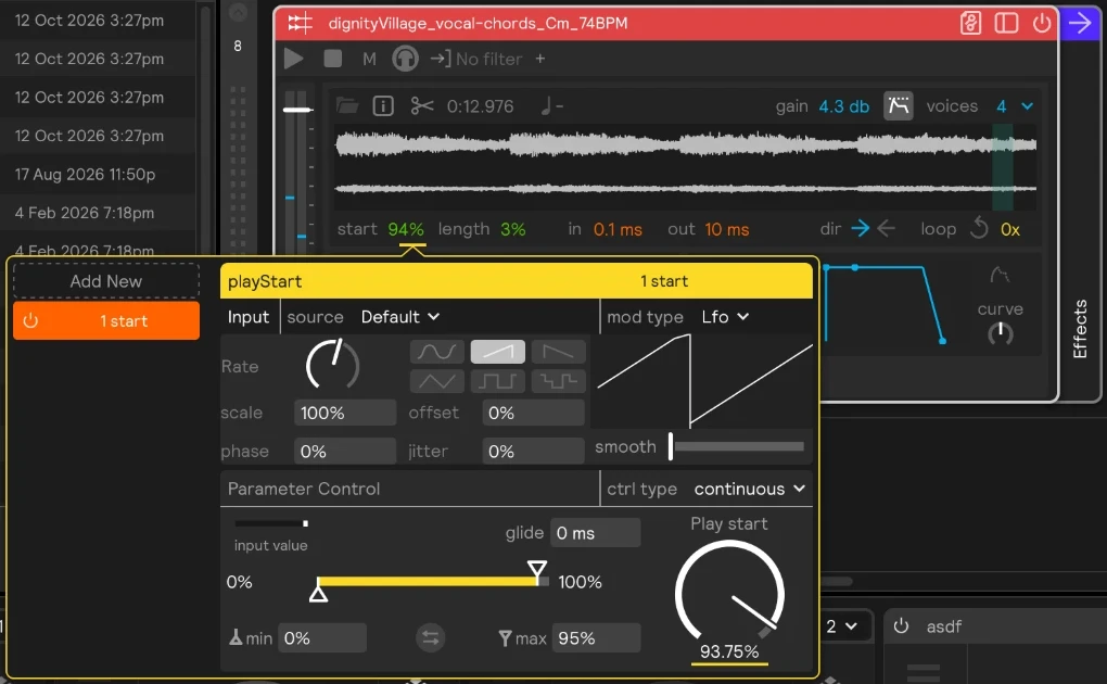 A sampler with Length at 3% and an LFO assignment on Start: the sawtooth shape is selected and the range runs from 0% to 95%, so the short green slice sweeps through the sample