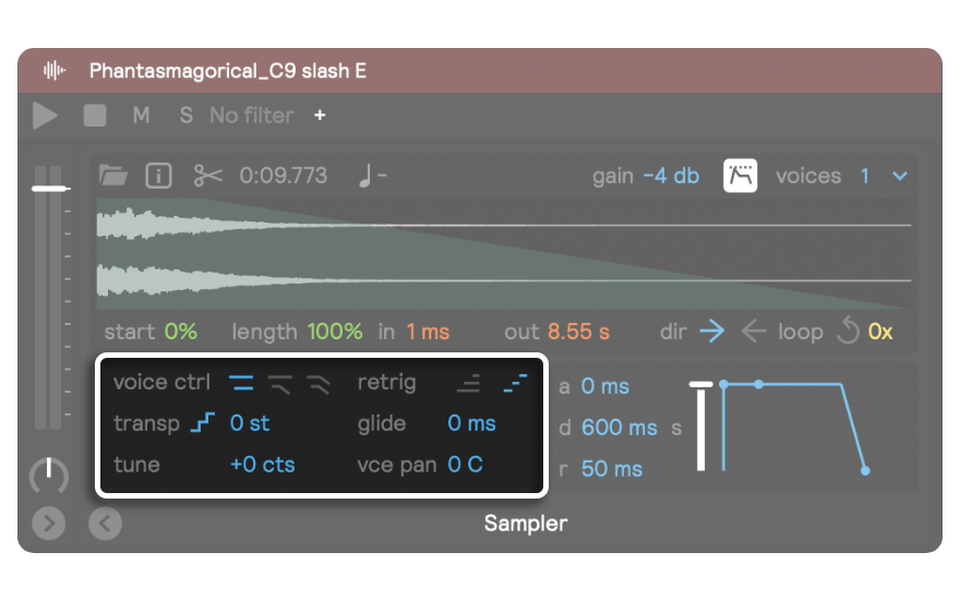 A screenshot showing the pitch and voice controls of the sampler