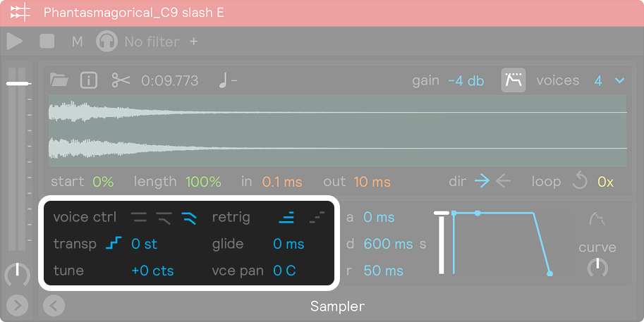 A screenshot showing the pitch and voice controls of the sampler