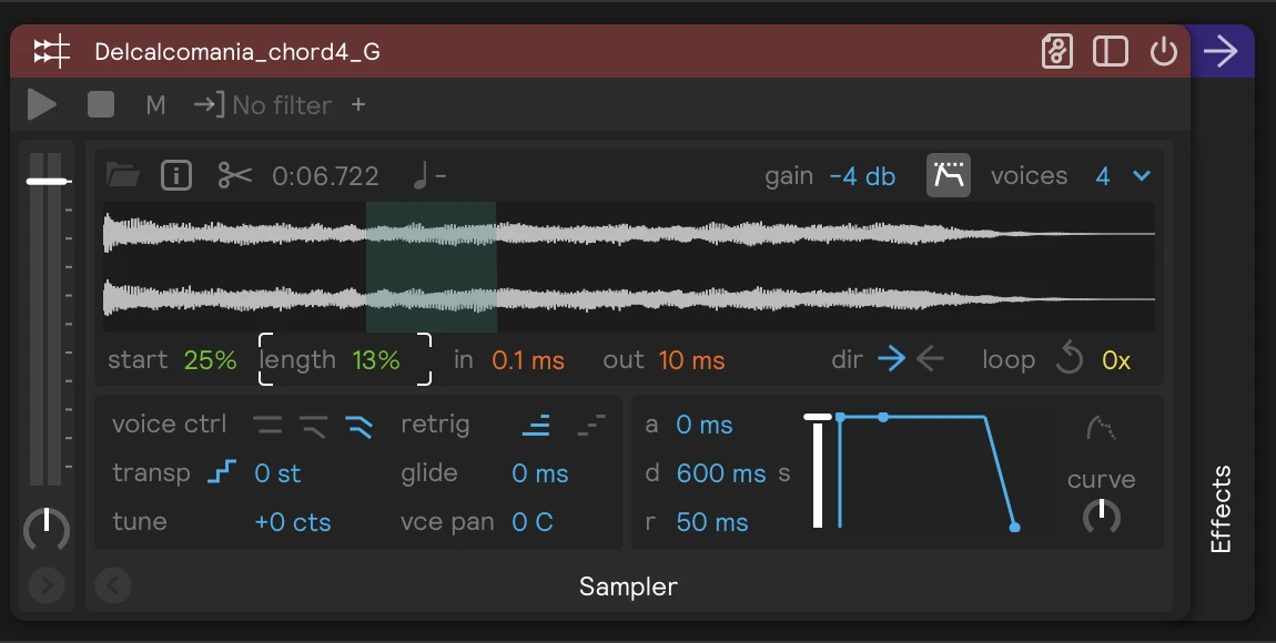 A sampler framing one slice: Start at 25% and Length at 12.5% (displayed rounded, as 13%), with the green box over that slice of the waveform