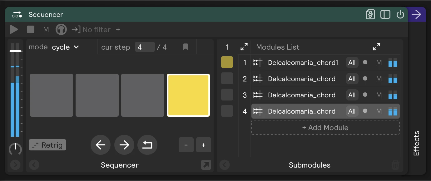 A Sequencer with four chord samplers, one per step, and the current step outlined