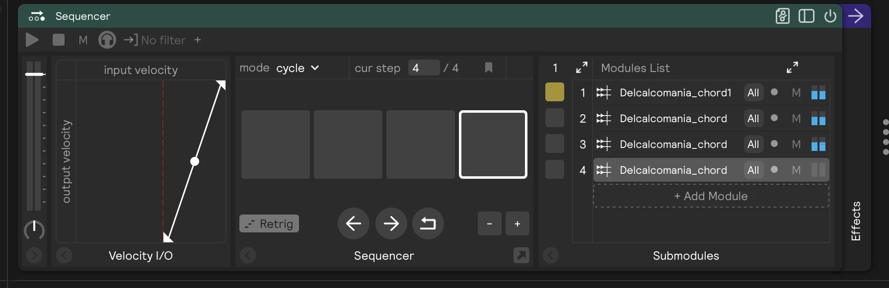 A Sequencer with its Velocity I/O panel showing: the bottom-left node dragged right to about 60%, with the dashed line marking the threshold below which hits are ignored