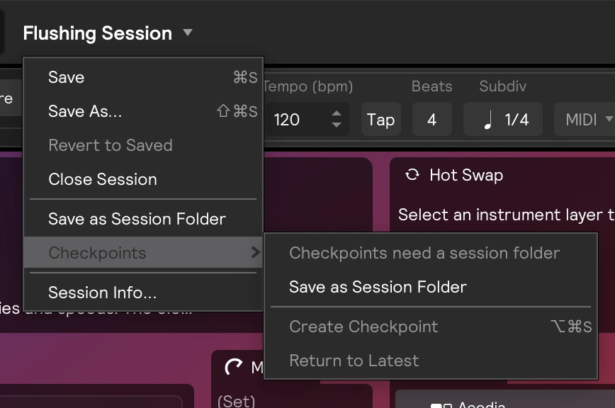 The Checkpoints menu for a session outside a session folder, offering Save as Session Folder