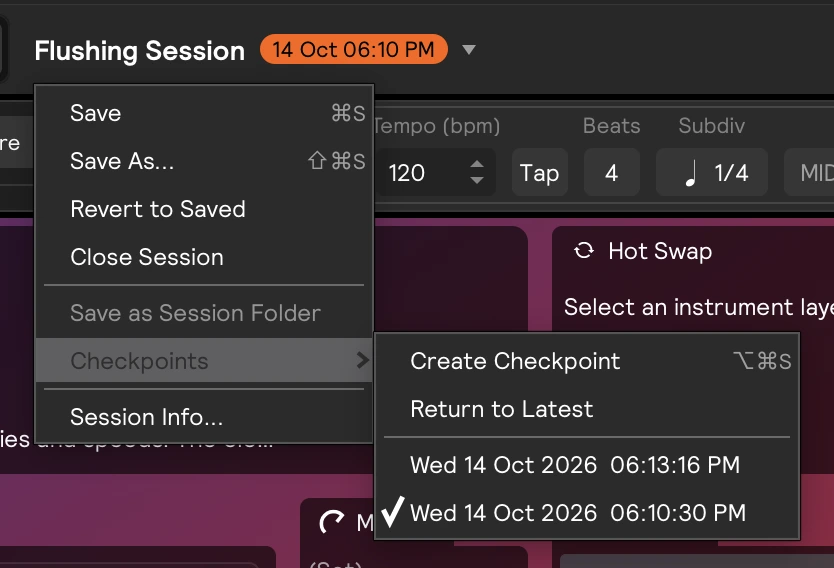 The Checkpoints menu while a checkpoint is loaded: the orange date badge next to the session name, the checkpoint ticked, and Return to Latest available