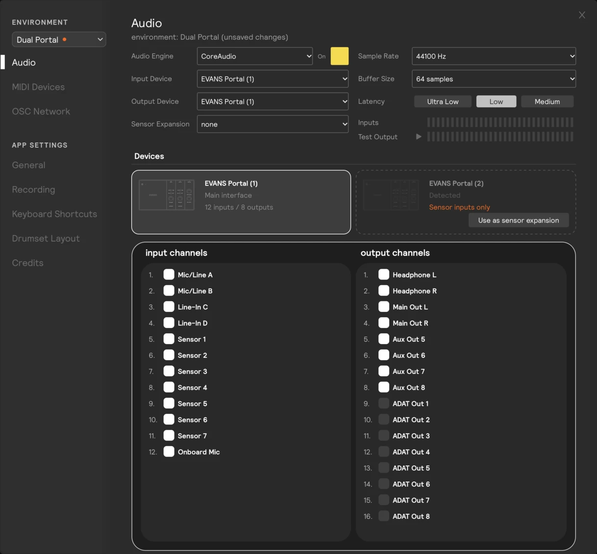The Audio page Devices cards: EVANS Portal (1) as the main interface, and EVANS Portal (2) detected and offering Use as sensor expansion