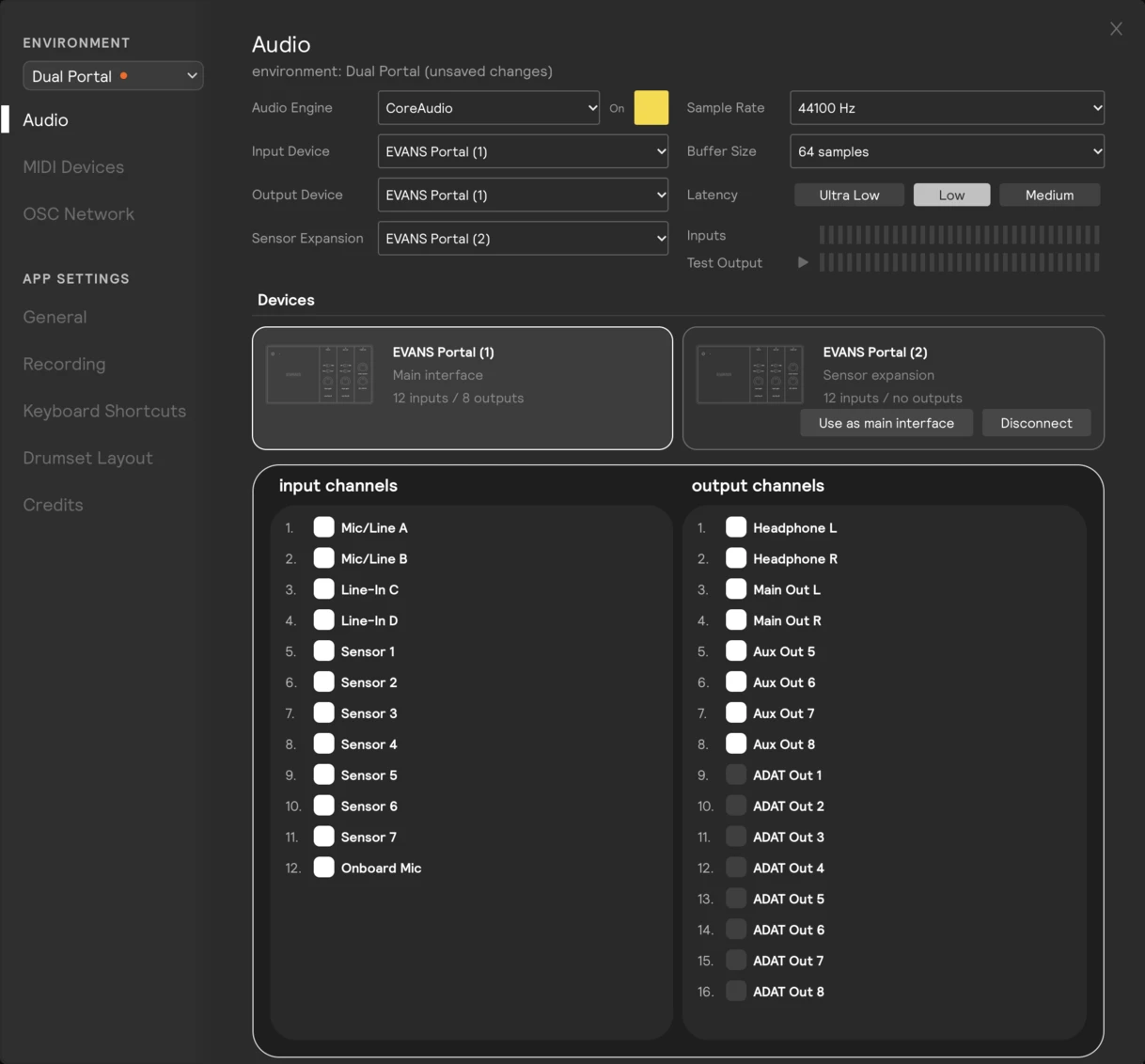The expansion active: EVANS Portal (2) as Sensor expansion with Use as main interface and Disconnect, and the Sensor Expansion dropdown set to EVANS Portal (2)