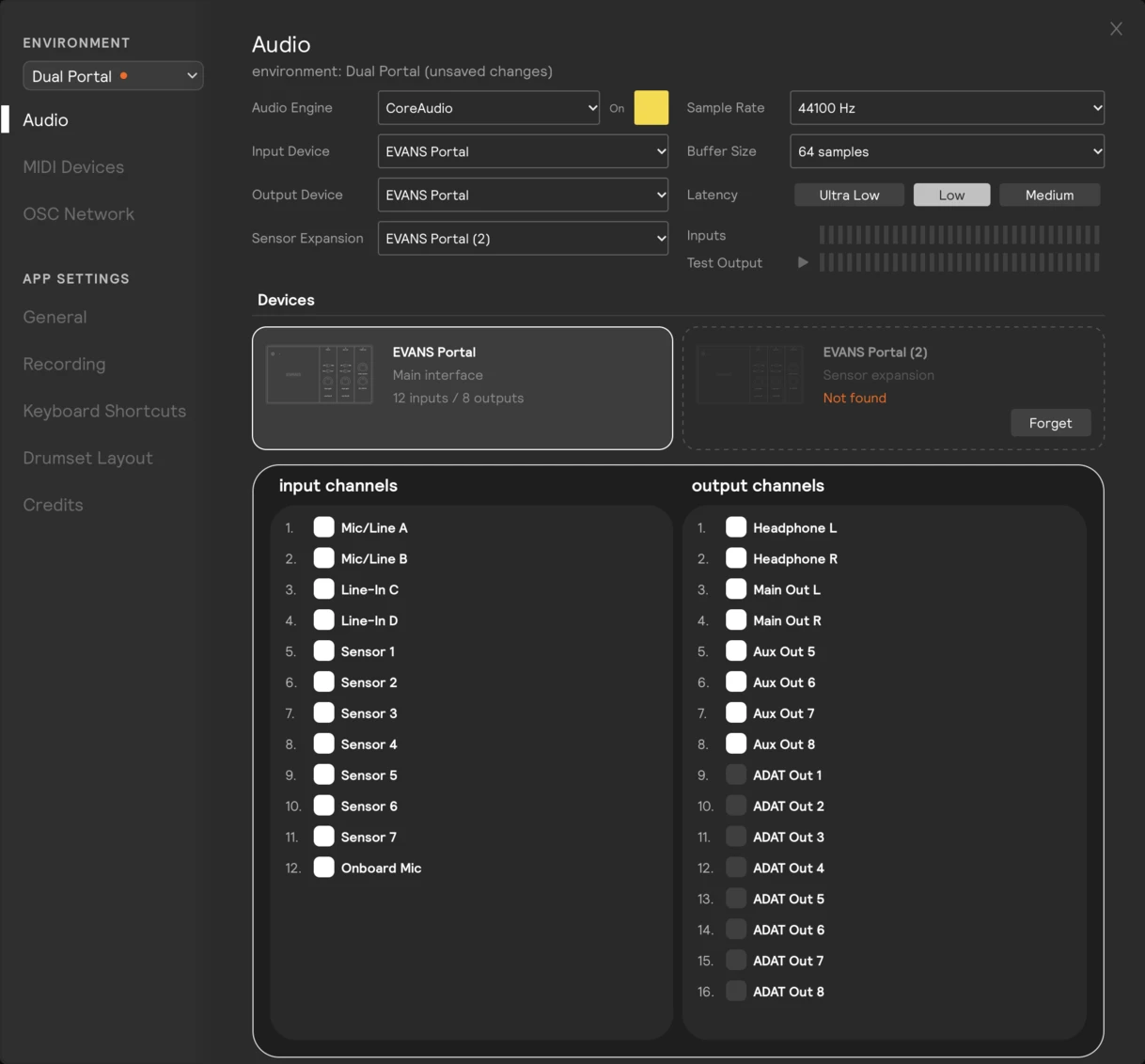 An unplugged expansion: the EVANS Portal (2) card dashed, with Not found in orange and a Forget button