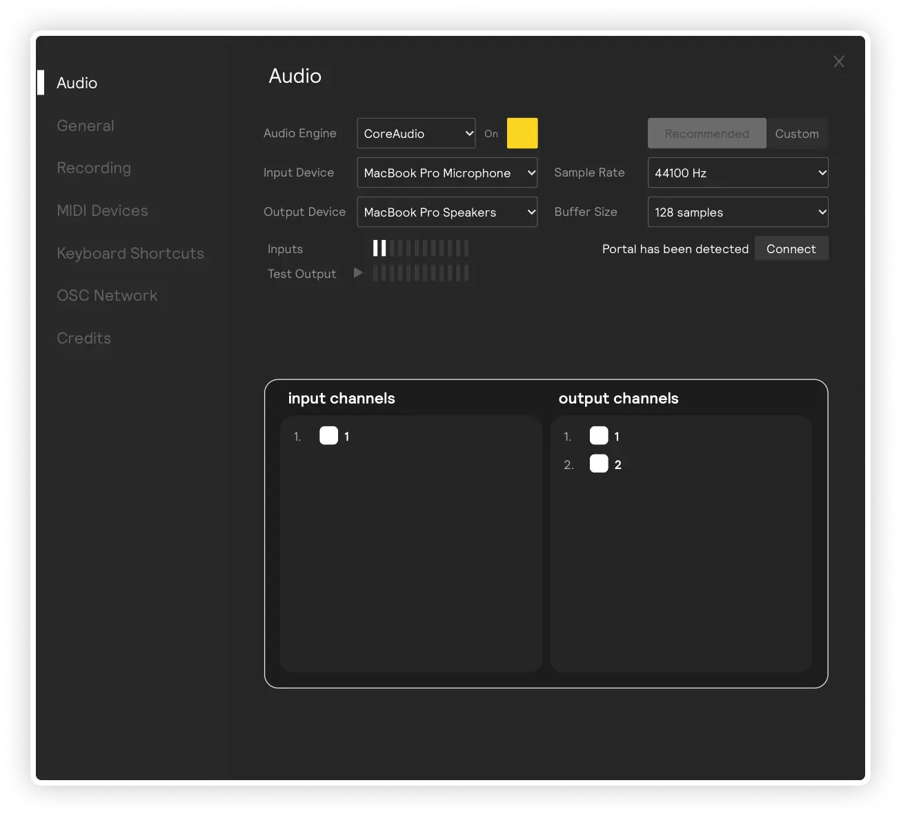 The Audio Settings page for any interface other than the EVANS Portal