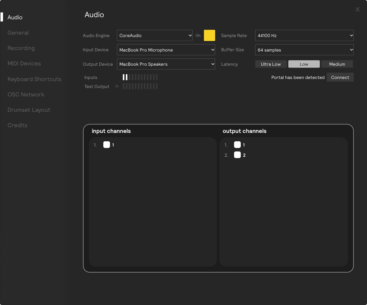 The Audio Settings page for any interface other than the EVANS Portal