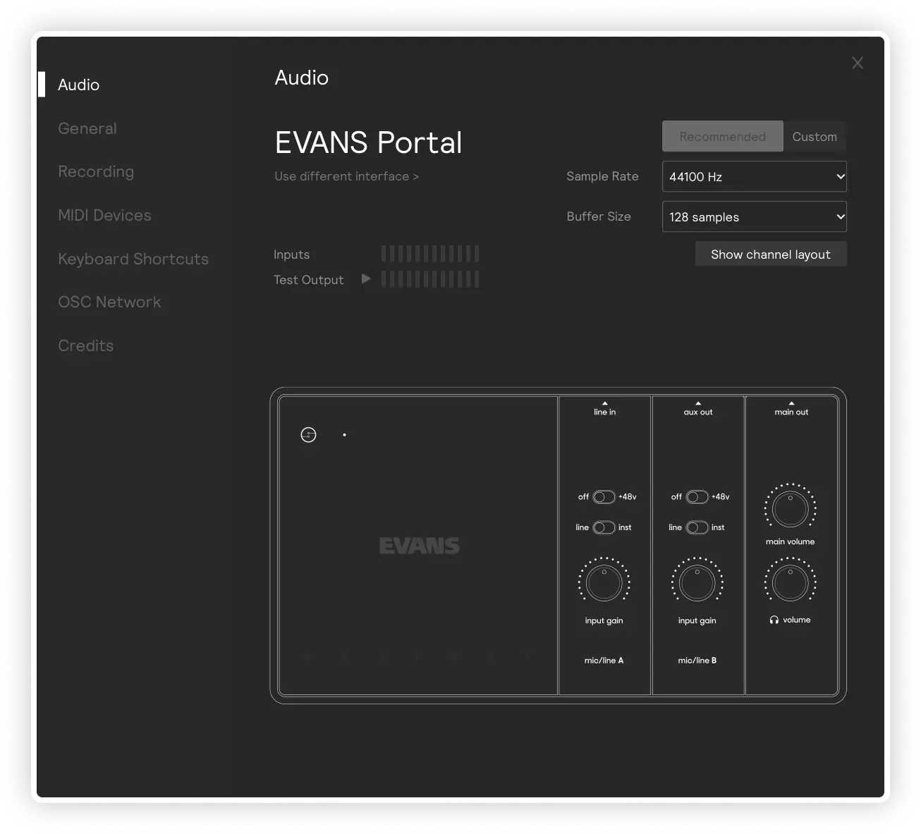 The EVANS Portal Audio Settings page