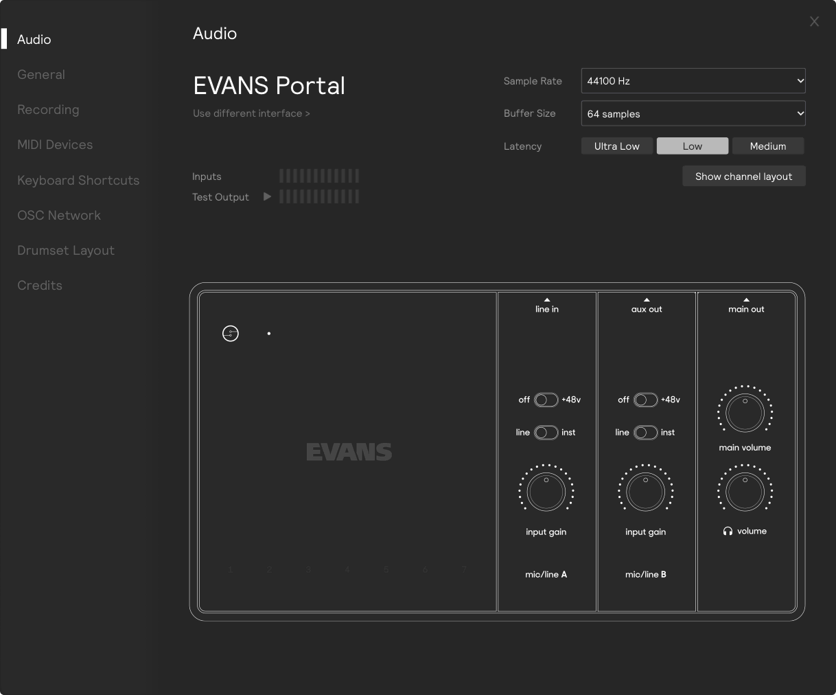 The EVANS Portal Audio Settings page