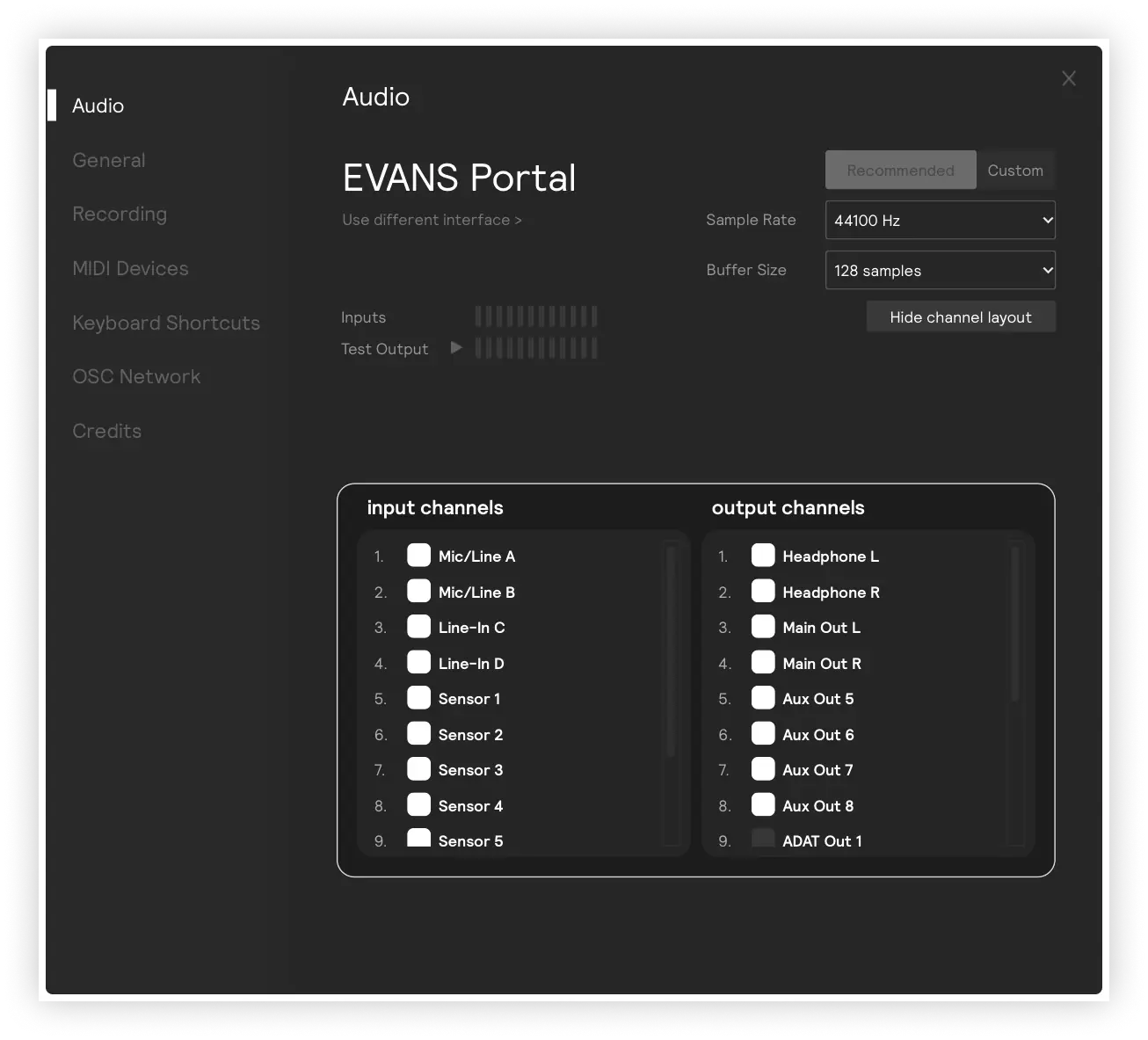 The EVANS Portal Audio Settings page with the channel layout open