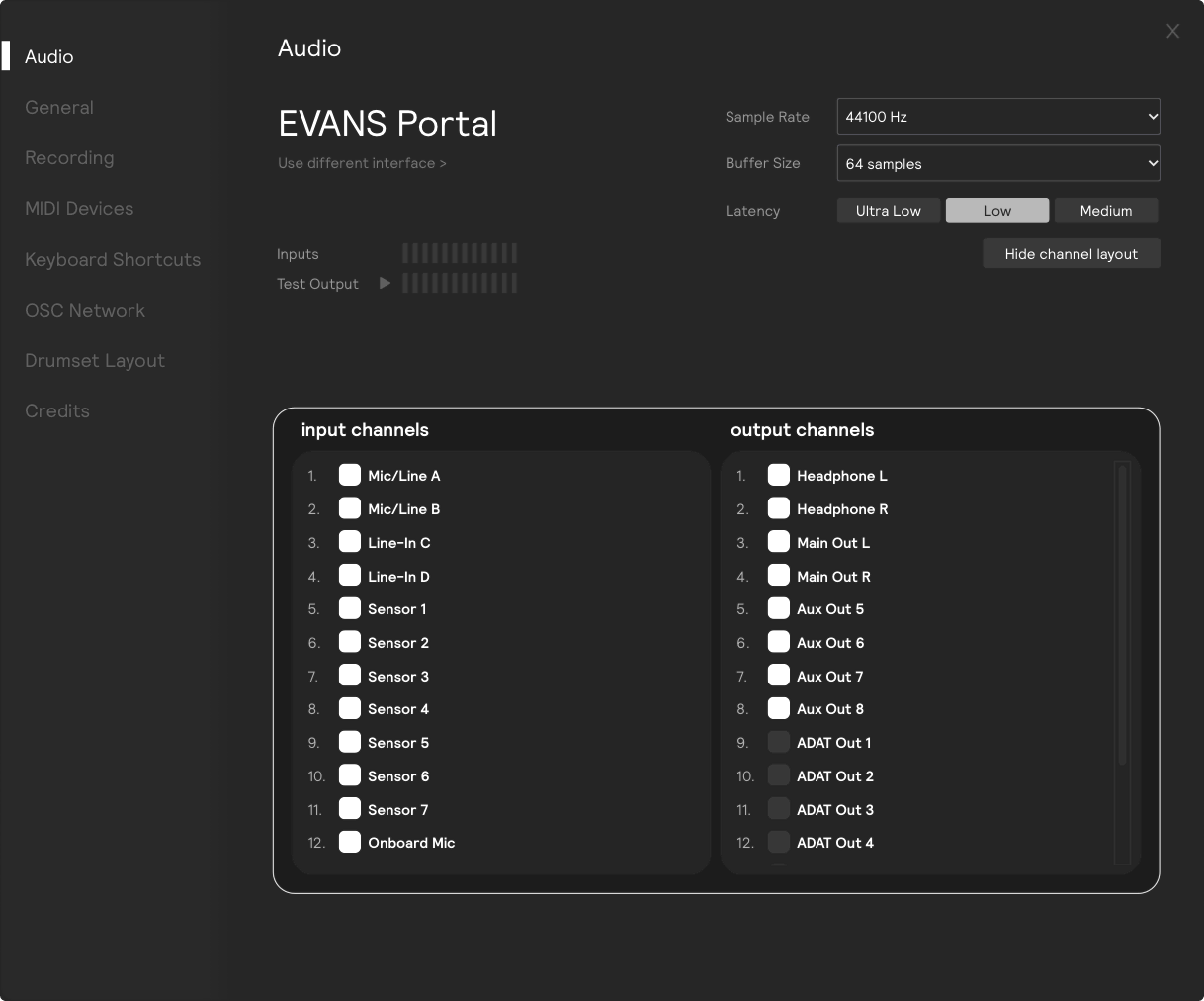 The EVANS Portal Audio Settings page with the channel layout open