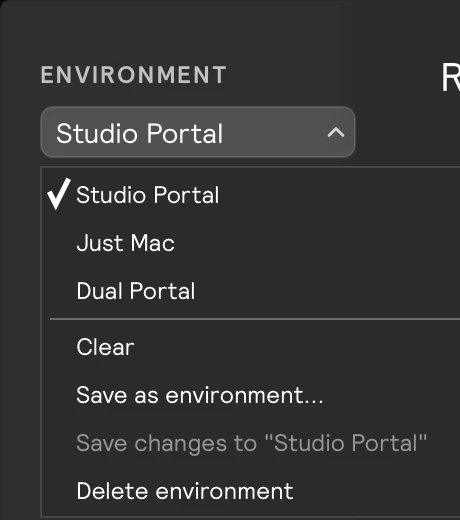The Environment dropdown open in the settings window